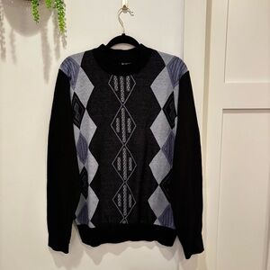 Kemistry Black, Gray & Blue Argyle Men's Crewneck Vintage Style Sweater Size L
